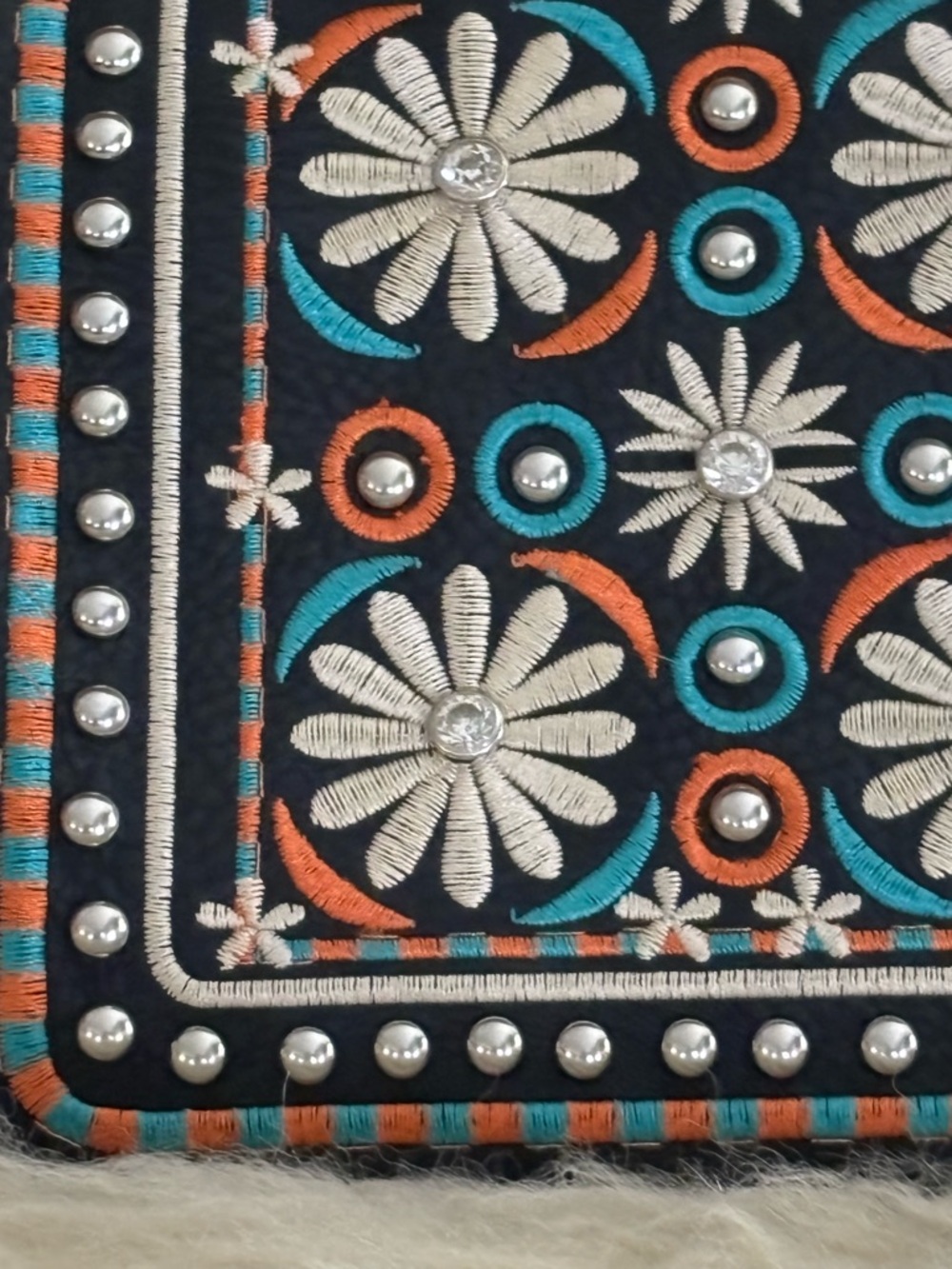 Embroidered Black Leather Foldover Wallet Clutch with Multicolor Accents - Picture 7 of 7